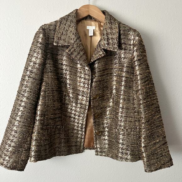 Chico’s Size 2 Olive Green Metallic Gold Tweed Button Blazer women’s size large - Picture 9 of 14